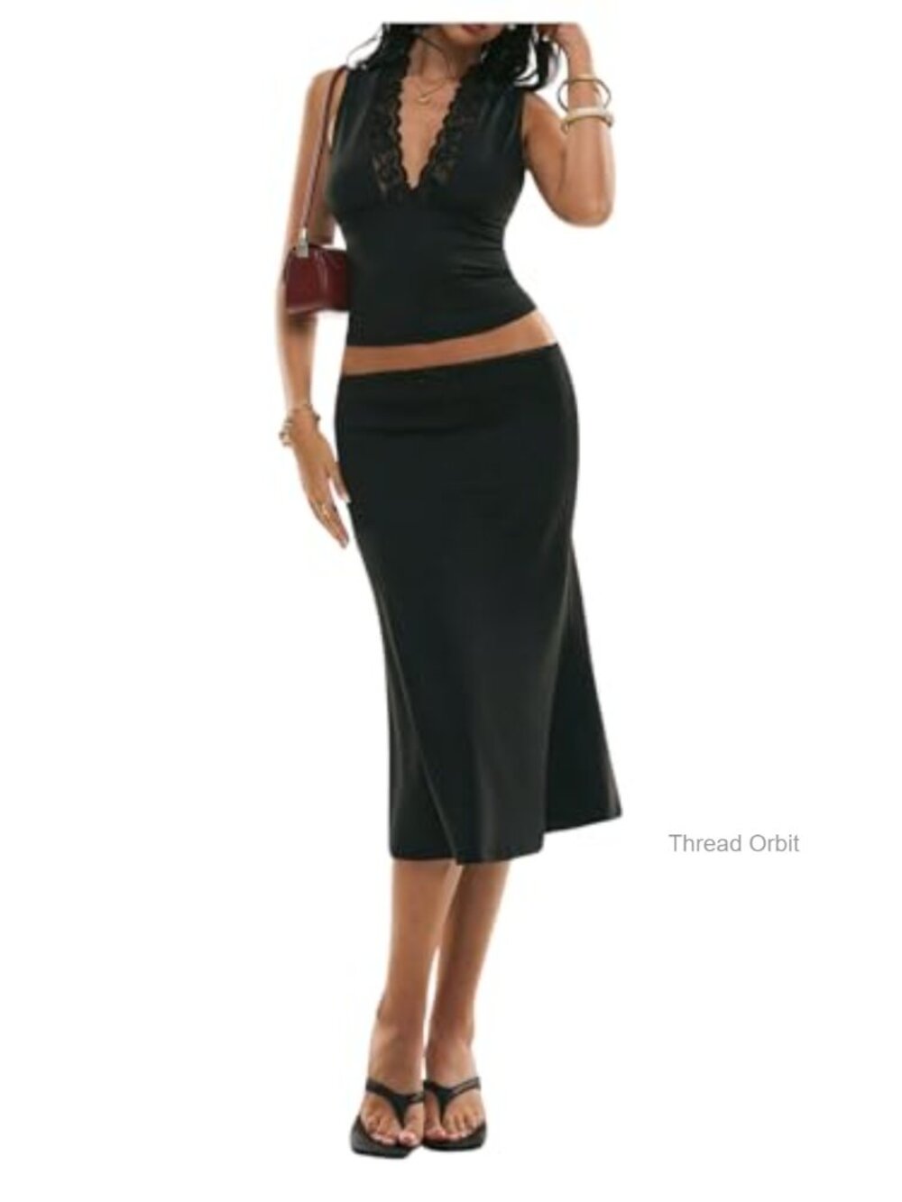Verdusa Women's 2 Piece Lace Trim Skirt Set Y2K Deep V Neck Midi